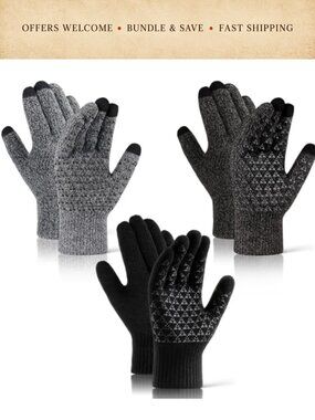 3 Pairs Knitted Winter Gloves Touchscreen Anti-Slip Acrylic Blend